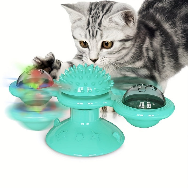 Cute Rotating Interactive Cat Toy - Cat Toy With Suction Cup  & Jagged Teeth Middle Ball, Smart Kitten Rotating Spinner Exercise Toy, Toothbrush & Massager