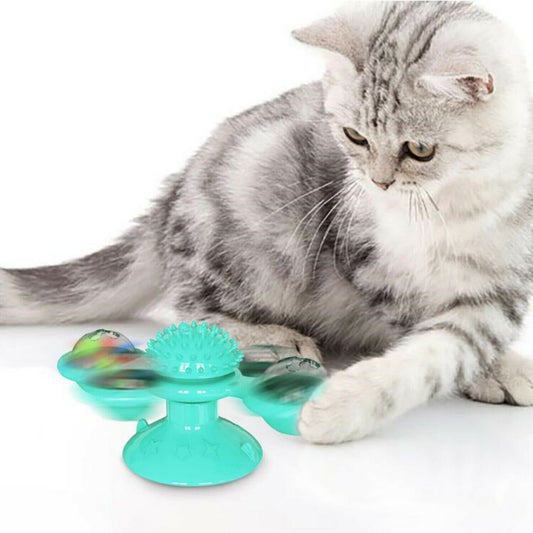 Cute Rotating Interactive Cat Toy - Cat Toy With Suction Cup  & Jagged Teeth Middle Ball, Smart Kitten Rotating Spinner Exercise Toy, Toothbrush & Massager