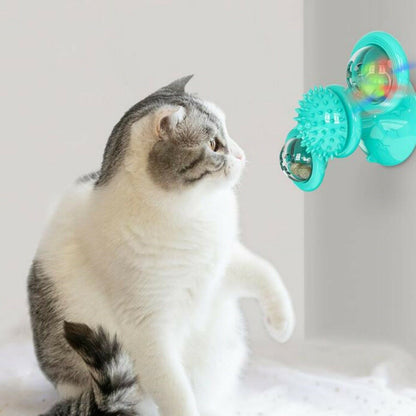 Cute Rotating Interactive Cat Toy - Cat Toy With Suction Cup  & Jagged Teeth Middle Ball, Smart Kitten Rotating Spinner Exercise Toy, Toothbrush & Massager